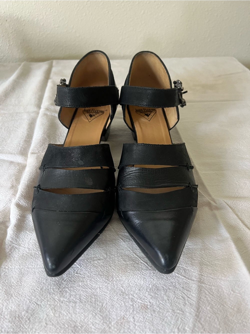 John Fluevog Black Pointed Leather Strappy Heels- The Alison-Truth